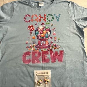 Candy Crew Halloween Adult Shirt with Earrings - Blue, Size L